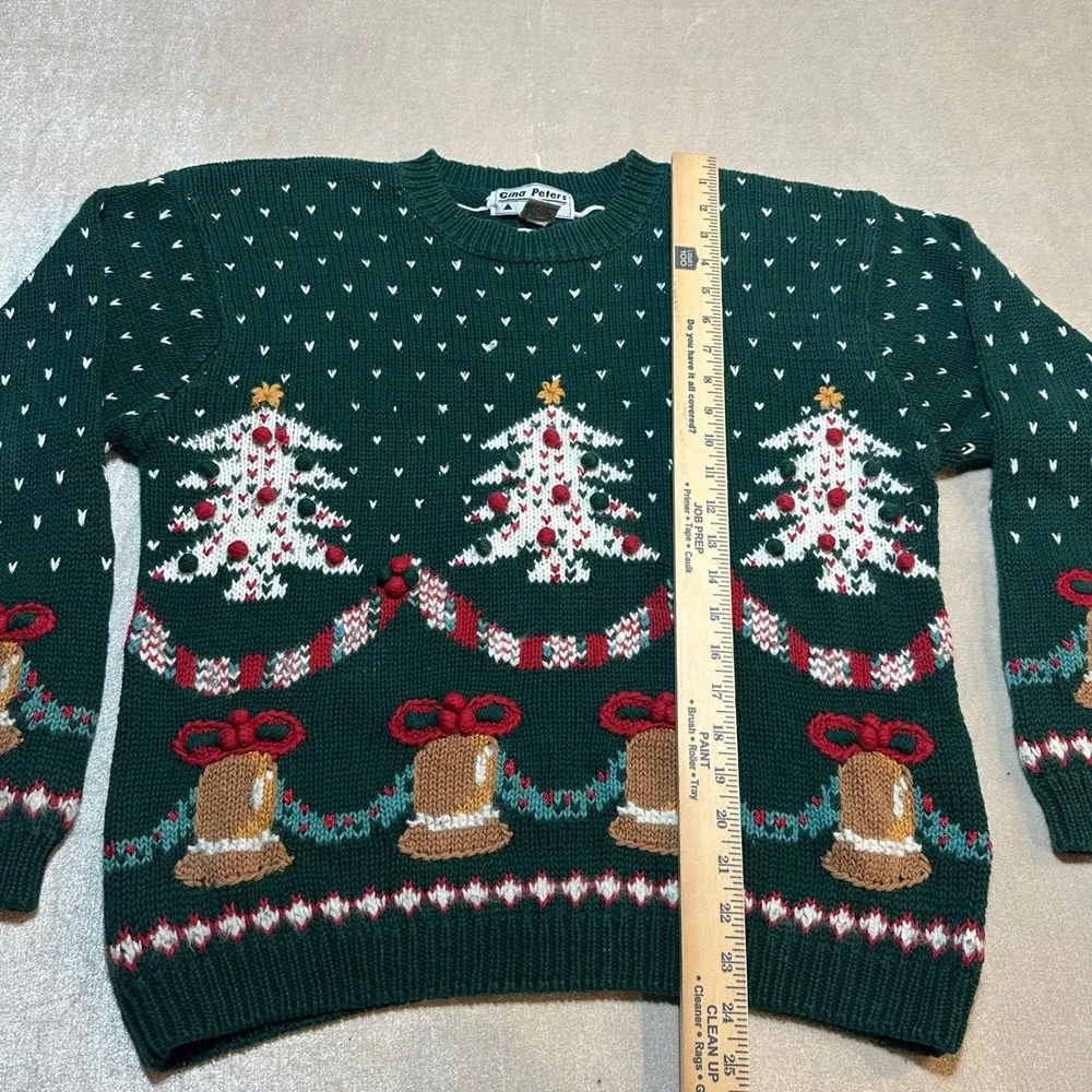 Vintage Gina Peters Christmas Sweater Women's Medium Trees Bells Green